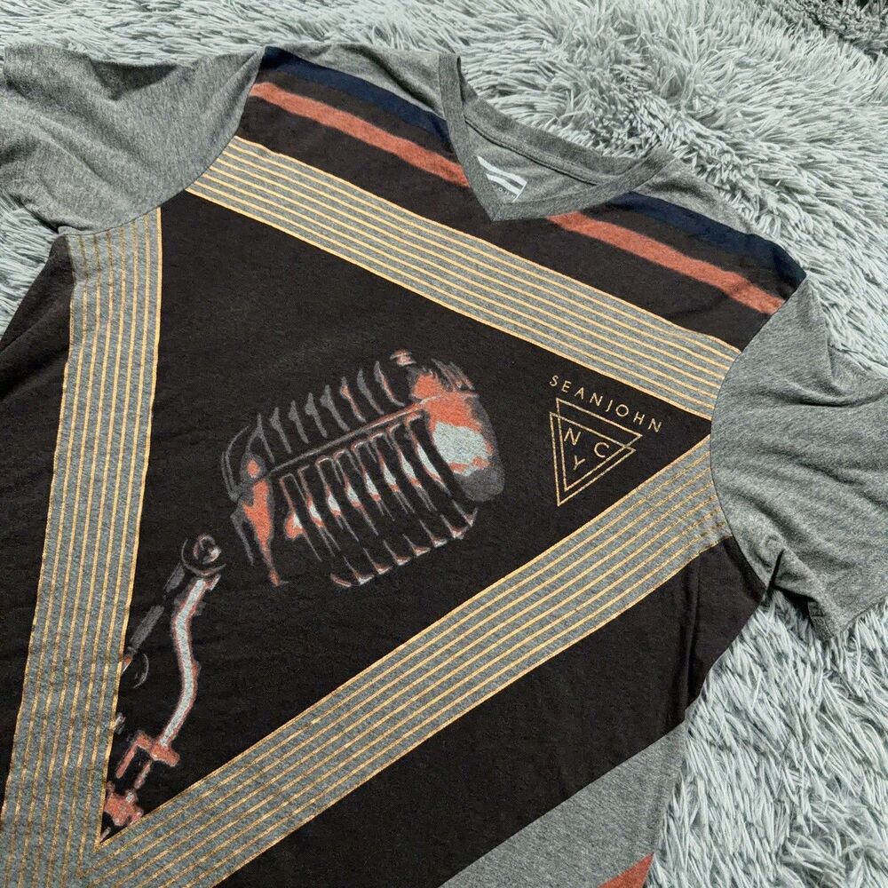 Sean John Shirt Large Gray Brown P.Diddy Music Microphone Center Graphic Mens
